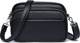 Generic Compatible For Many Pocket Real Leather Women Shoulder Messenger Bags Female Soft Cowhide Handbags(Black)