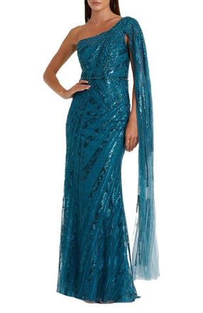Mac Duggal One Shoulder Cape Sleeve Embellished Gown in Ocean Blue at Nordstrom, Size 12