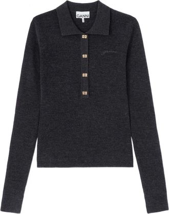 Ganni Gebreid Poloshirt - Dames - Ronde hals truien - Zwart - L - Wol - Truien & Vesten