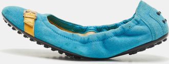 Tod's Tods Blue/yellow Suede And Patent Leather Trim Buckle Detail Scrunch Ballet Flats