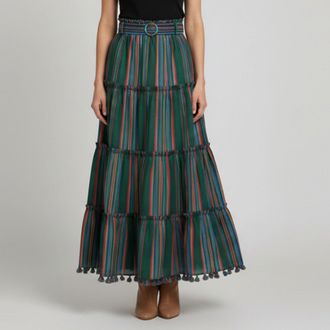 Zimmermann Green Multicolor Stripe Cotton Ruffled Maxi Skirt