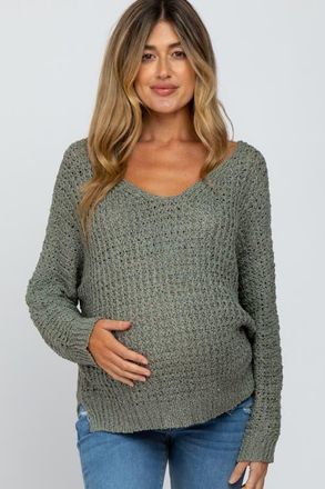 Pinkblush V-Neck Side Slit Thick Knit Sweater in Olive Green at Nordstrom, Size Medium