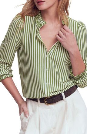 Boden Effie Smocked Button-Up Shirt in Safari Green And Ivory Stripe at Nordstrom, Size 10
