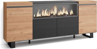 Skraut Home Aparadores Para Sal&oacute;n, Gran Capacidad De Almacenaje, 210, 4 Puertas, Chimenea El&eacute;ctrica Xxl, Dise&ntilde;o Industrial, Estilo Moderno, Roble Y Negro - Skraut