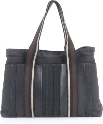 Herm&egrave;s Black Leather Canvas Shoulder Bag Tote Bag (Pre-Owned)