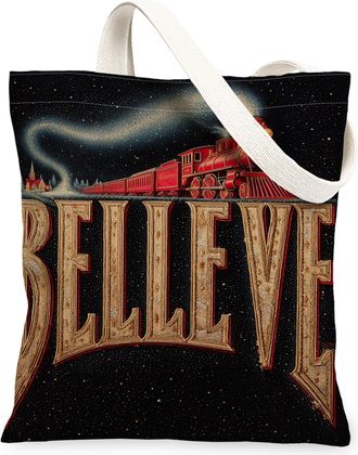 Generic Vintage Train Canvas Tote Bag, Festive Believe Design Reusable Grocery Bags, Lightweight Washable Shoulder Strap Canvas Bags for Holiday Travel Outdoo