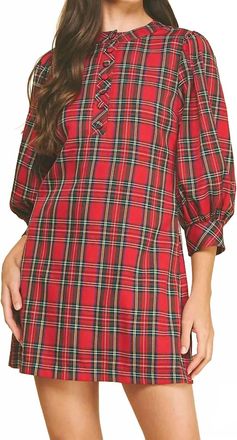 Pinch Design Andrea Holiday Buttoned Puff Sleeve Mini Dress In Red Plaid