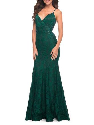 La Femme Lace Gown with Sheer Lace Applique Side Panels in Dark Emerald at Nordstrom, Size 00