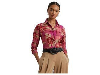 Lauren Ralph Lauren Petite Relaxed Fit Floral Linen Shirt Womens Clothing Red/Pink/Multi : PXS