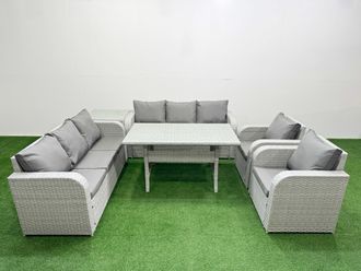 Fimous PE Rattan High Back Lounge Sofa Set Patio Rectangular Dining Table & Chairs Set with 3 Seater Sofa Reclining Chair Side Table Light Grey