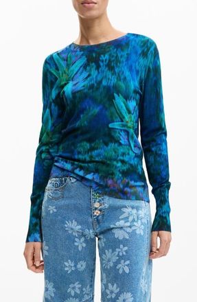 Desigual Floral Fine Gauge Crewneck Sweater in Blue/green at Nordstrom, Size X-Small