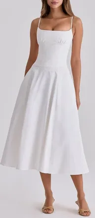 House of CB Liora Eyelet Trim Cotton Midi Dress in White at Nordstrom, Size X-Small