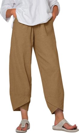 Heekpek Womens Trousers Summer Wide Leg Capri Pants Casual Cotton Trousers Elastic Waistband with Pockets Lightweight Cropped Trousers, Khaki, XXL