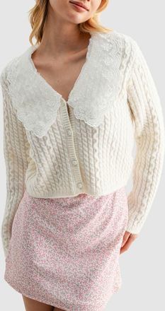 All in Favor Lace Collar Cable Stitch Cardigan in Cream at Nordstrom, Size X-Small