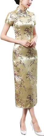 Generic Vintage Short Sleeve Maxi Cheongsam Print High Slit Side Traditional Chinese New Year Party Bodycon Costume, Plum Gold, M
