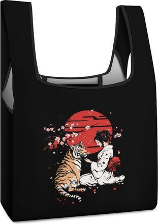 Generic Japanese Geisha Tiger Red Sun Reusable Shopping Bags Lightweight Foldable Grocery Bag Polyester Washable Tote Bag