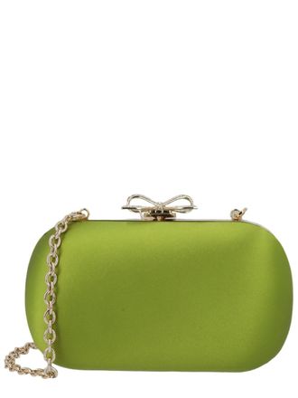 Self Portrait Green Satin Bow Clasp Chain-Strap Polyester Clutch