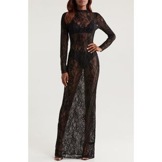 Good American Sheer Lace Long Sleeve Stretch Gown in Black001 at Nordstrom, Size X-Large