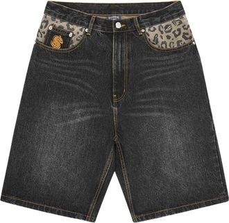 Billionaire Boys Club Leopard Print Panel Astro Denim Shorts - Heren - Denim shorts - Zwart - W36 - Denim - Korte Broeken