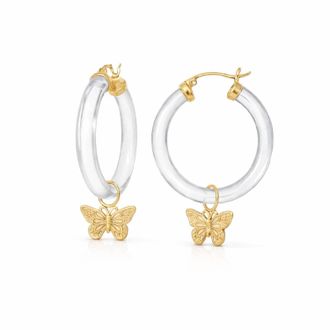 Gold & Honey Butterfly Charm Lucite Hoop Earrings In Clear