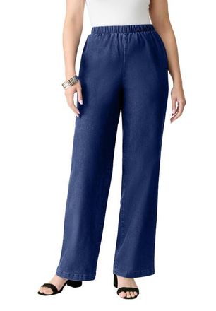 Roaman's Plus Size Comfort Stretch Wide Leg Jean in Dark Wash Sanded at Nordstrom, Size 24