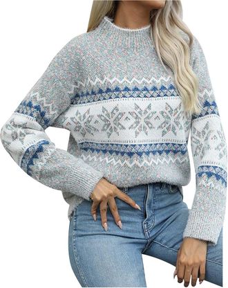 Generic Jumpers for Women UK, Ladies Sweaters Turtle Neck Fairisle Chunky Pullover Autumn Winter Warm Long Sleeve Knitted Comfy Christmas Tops Grey