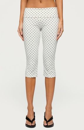 Edikted Eloisa Polka Dot Foldover Capri Pants in White-And-Black at Nordstrom, Size X-Small