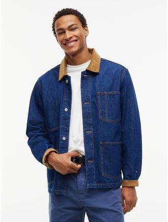 Tommy Hilfiger Mens Corduroy Trim Denim Chore Jacket - Dark Wash - XXXL