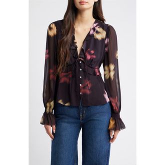 Rails Alixa Floral Ruffle Button-Up Shirt in Onyx Blurred Floral at Nordstrom, Size Xx-Small