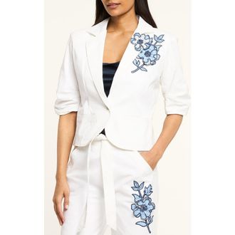 Cinq &agrave; Sept Striped Floral Appliqu&eacute; One-Button Blazer in White/Multi at Nordstrom, Size 12