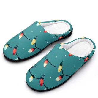 Generic Christmas Light Pattern Mens Slippers Slip On Comfortable Fleece Cotton House Shoes Winter