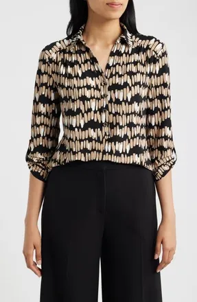 Anne Klein Print Three-Quarter Sleeve Button-Down Shirt in Vicuna Multi at Nordstrom, Size X-Large