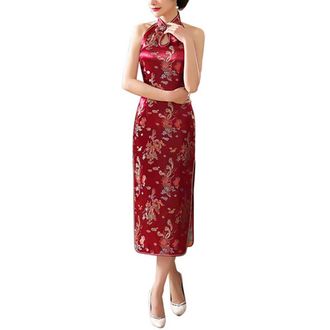 Generic Womens Halterneck Sleeveless Chinese Cheongsam Mandarin Collar Side Split Long Qipao Party Dress Outfit, Dragon Wine Red, L