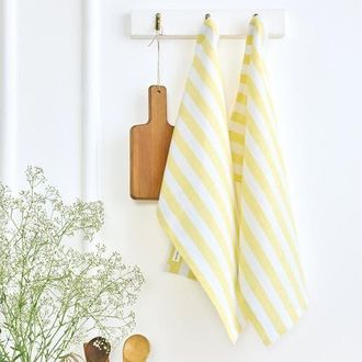 Solino Home Linen Kitchen Towels Set of 2, 17 x 26 Inch for Dining Table, Holiday and Everyday Table Decor - Sorrento Stripe in Yellow And White at