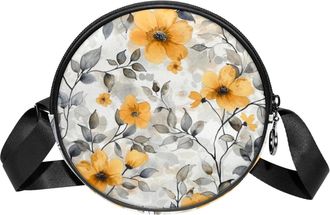 Generic Circle Crossbody Bag for Women, Floral Leaves Small Sling Bag Daypack with Zipper Adjustable Shoulder Straps Casual Ladies Girls Round Purse