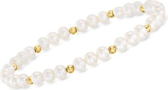 RS Pure by Ross-Simons 4-5mm Cultured Pearl and 14kt Yellow Gold Bead Stretch Bracelet