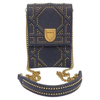 Dior Pre-owned Cross Body Bags, female, Blue, Size: ONE SIZE Pre-owned Diorama Studded Vertical Clutch Bag in Navy Blue Cotton Denim