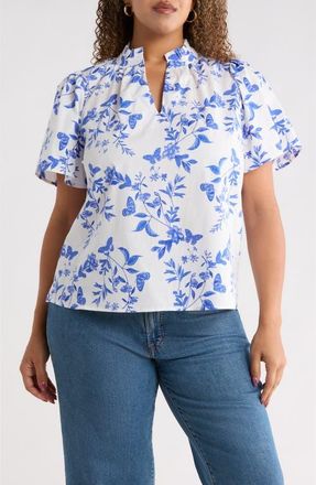 Sugarlips Leya Floral Inaya Split Neck Top in White-Blue-Multi at Nordstrom, Size 3 X