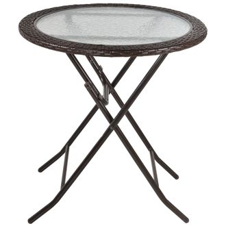 OUTSUNNY Folding Round Tempered Glass Metal Table with Brown Rattan Edging | TJ Hughes