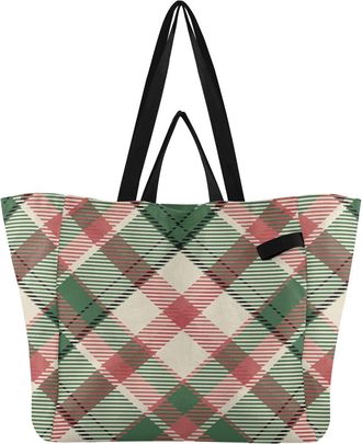 Generic Green Beige Plaid print Reusable Canvas Tote Bag, Heavy Duty Grocery Shopping Bag with Large Capacity Hard Bottom Double Handles Work Groceries Travel