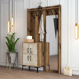 Dmora Mobile da ingresso Isidore, Entratina appendiabiti, Composizione per atrio, Consolle portaoggetti multifunzione, 120x35h200 cm, Noce e Bianco - Dmora