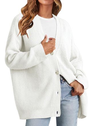 Merokeety Womens Cardigan Sweaters 2025 Fall Open Front Oversized Button V Neck Loose Soft Knit Outwear, Beige, XXL