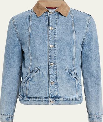 Brunello Cucinelli Mens Suede-Collar Light Wash Denim Jacket