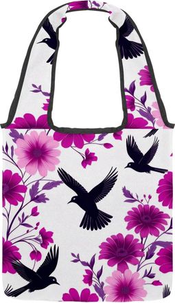 Generic Hummingbird Florals Reversible Canvas Shoulder Tote - Double-Sided Print, 12oz Cotton, 27cm Drop, Fold-Flat Bag for Travel, Shopping, Street Outings