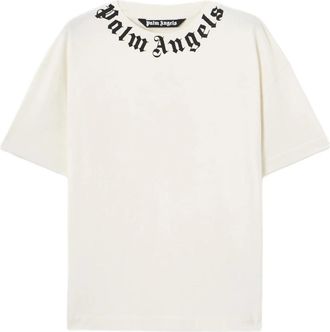 Palm Angels Neck Logo T-Shirt - Heren - T-shirts - Wit - M - Katoen - Tops
