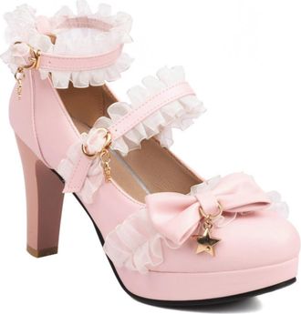Generic Womens Lolita Style Block Heel Pumps - Bow & Star Charm Double Ankle Strap Lace Party Shoes,Pink,6.5 UK