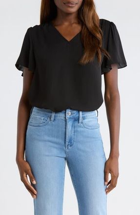 NYDJ Pleated Back Flutter Sleeve Top in Black at Nordstrom, Size Xx-Small