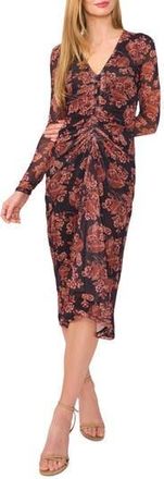 Ted Baker Floral Long Sleeve Center Ruched Midi Dress in Leather Brown at Nordstrom Rack, Size X-Large