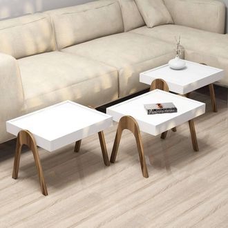Dmora Mesita De Sal&oacute;n Strembo, Set De 3 Piezas Apilables, Forma Rectangular, Estructura Marr&oacute;n, 54x40x64h Cm Blanco Nogal
