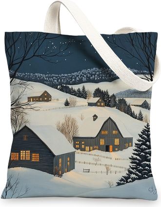 Generic Winter Farmhouse Christmas Canvas Tote Bag for Shopping 13x15, Xmas Country Snow Scenic Reusable Grocery Print Bag for Women Men, Farm Holiday Aesthet